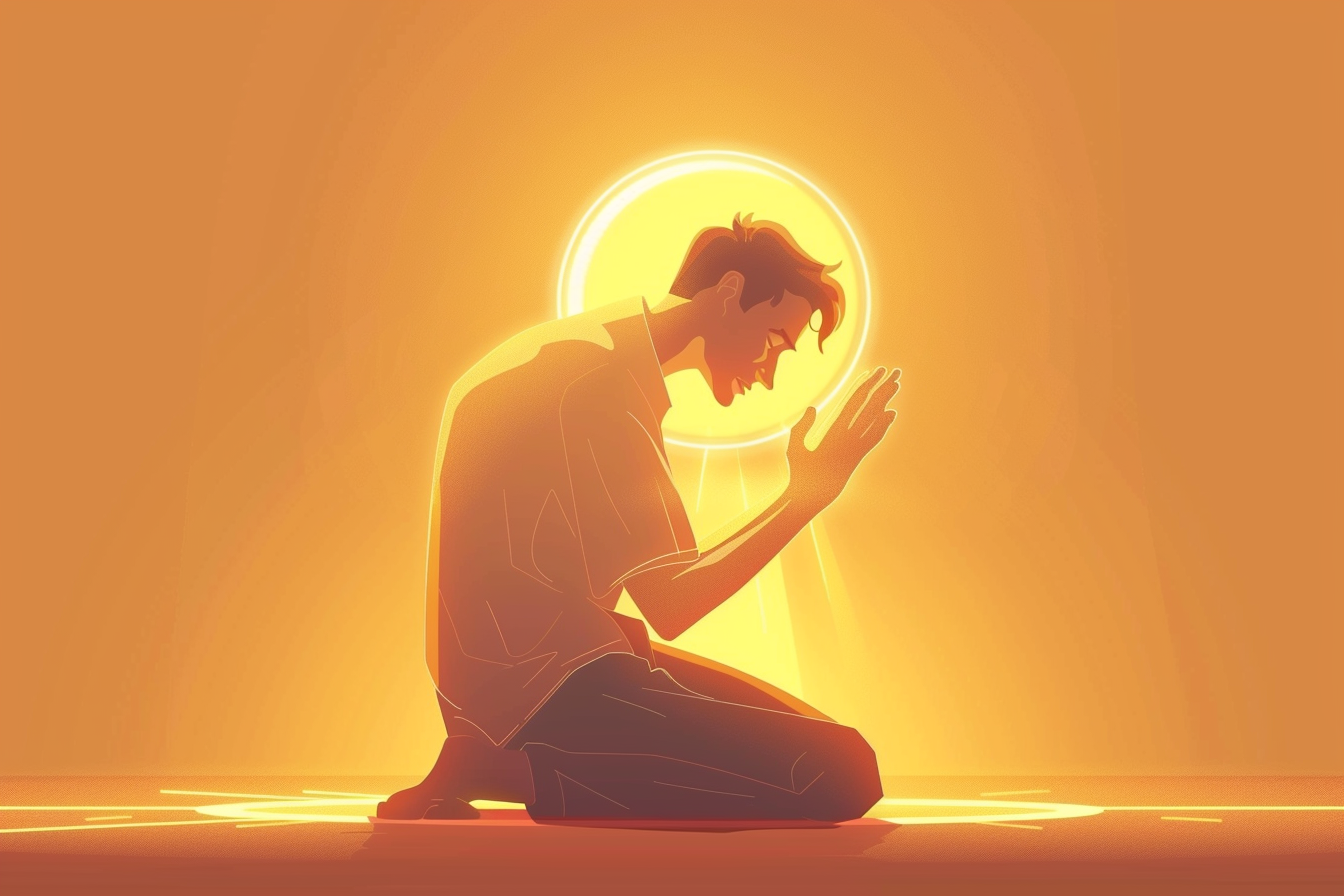 A humble biblical man kneeling in prayer with his hands raised and a glowing golden halo behind him.