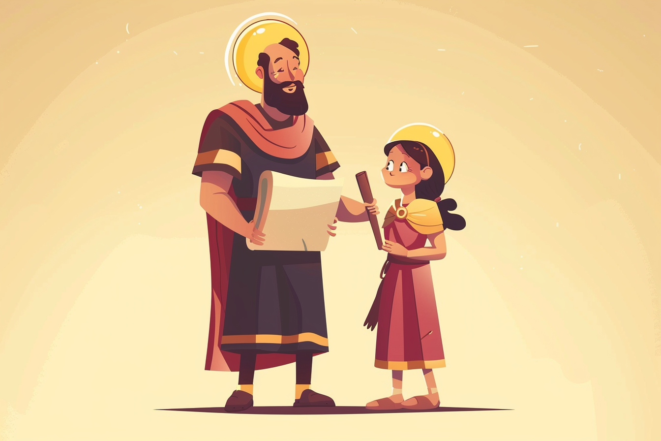 Biblical father joyfully blessing his daughter, both with glowing halos, in a flat icon-style illustration.