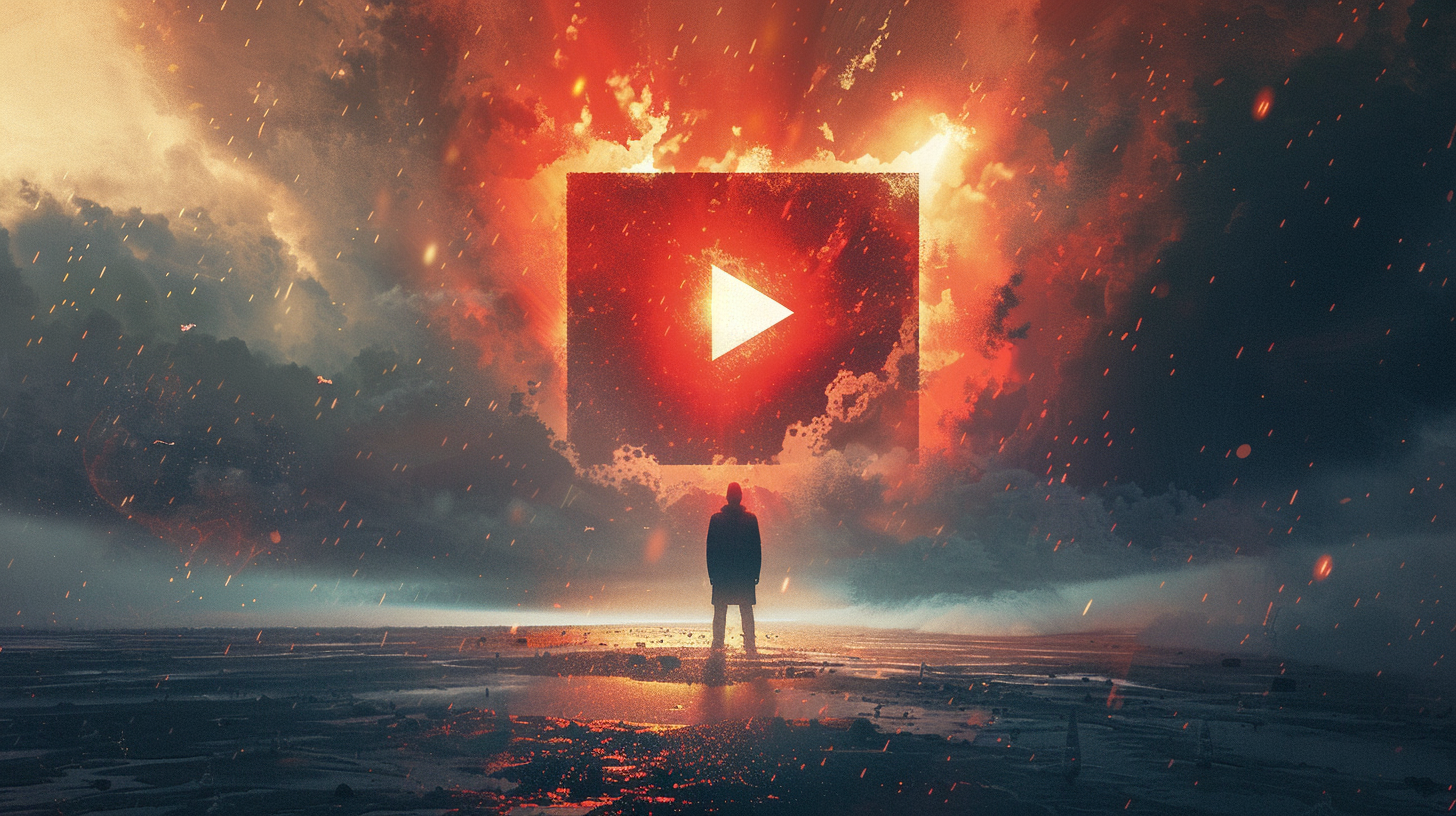 Large glowing red YouTube logo towering above a lone figure, symbolizing digital distraction contrasted with spiritual resistance