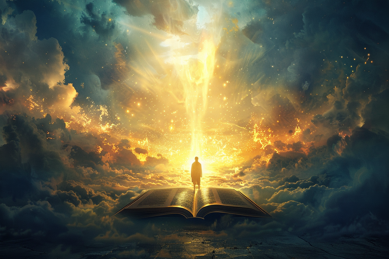 Christian figure standing before a glowing Bible, surrounded by divine light, symbolizing spiritual focus and freedom from phone distractions