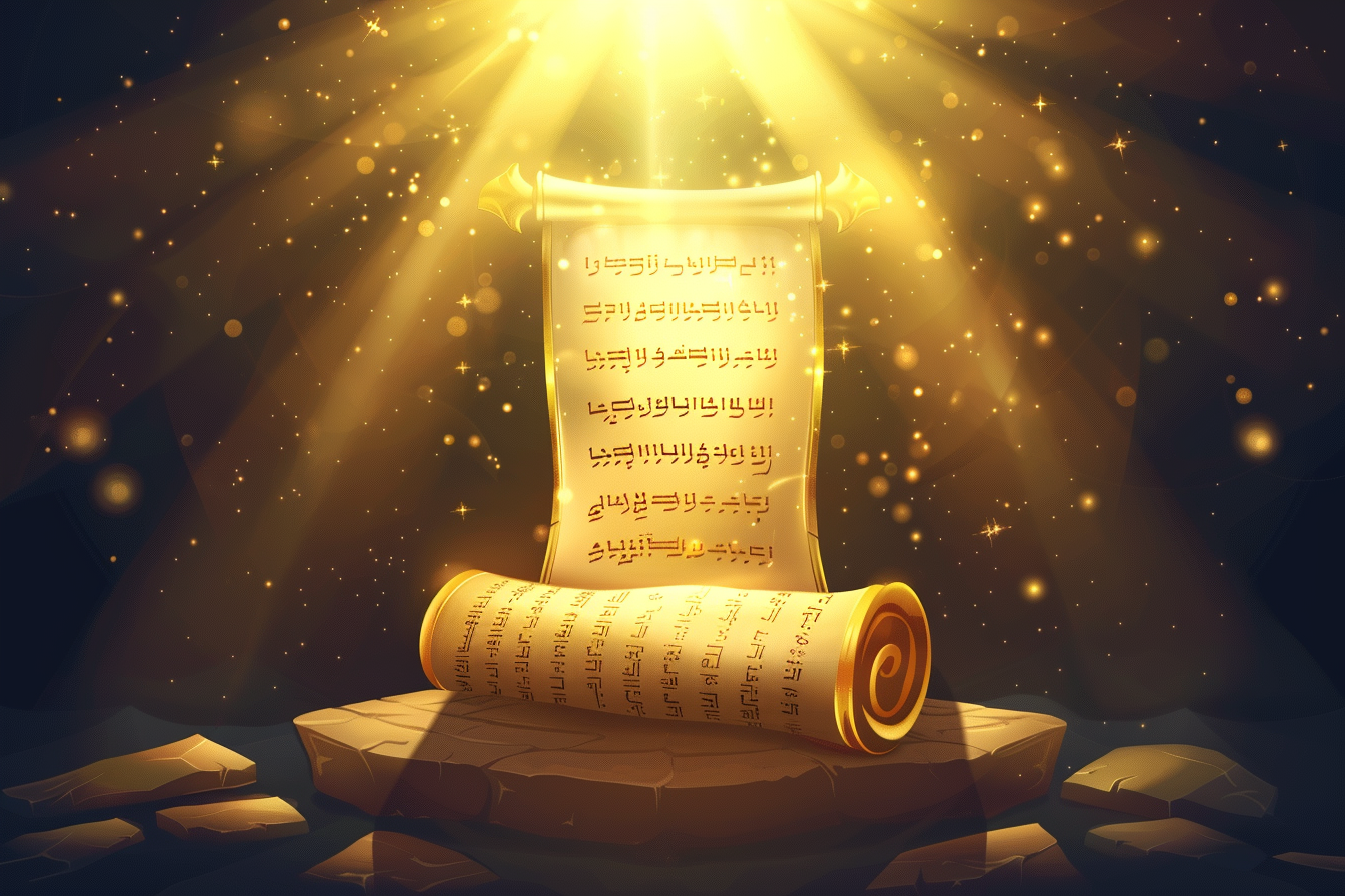 A glowing ancient scroll with Hebrew text, illuminated by golden light from above, resting on a stone surface.