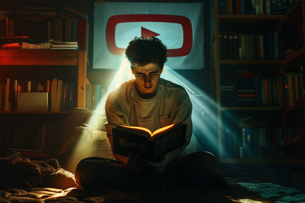 A young man sitting in a dark room lit by a glowing YouTube logo, reading a Bible with focused expression