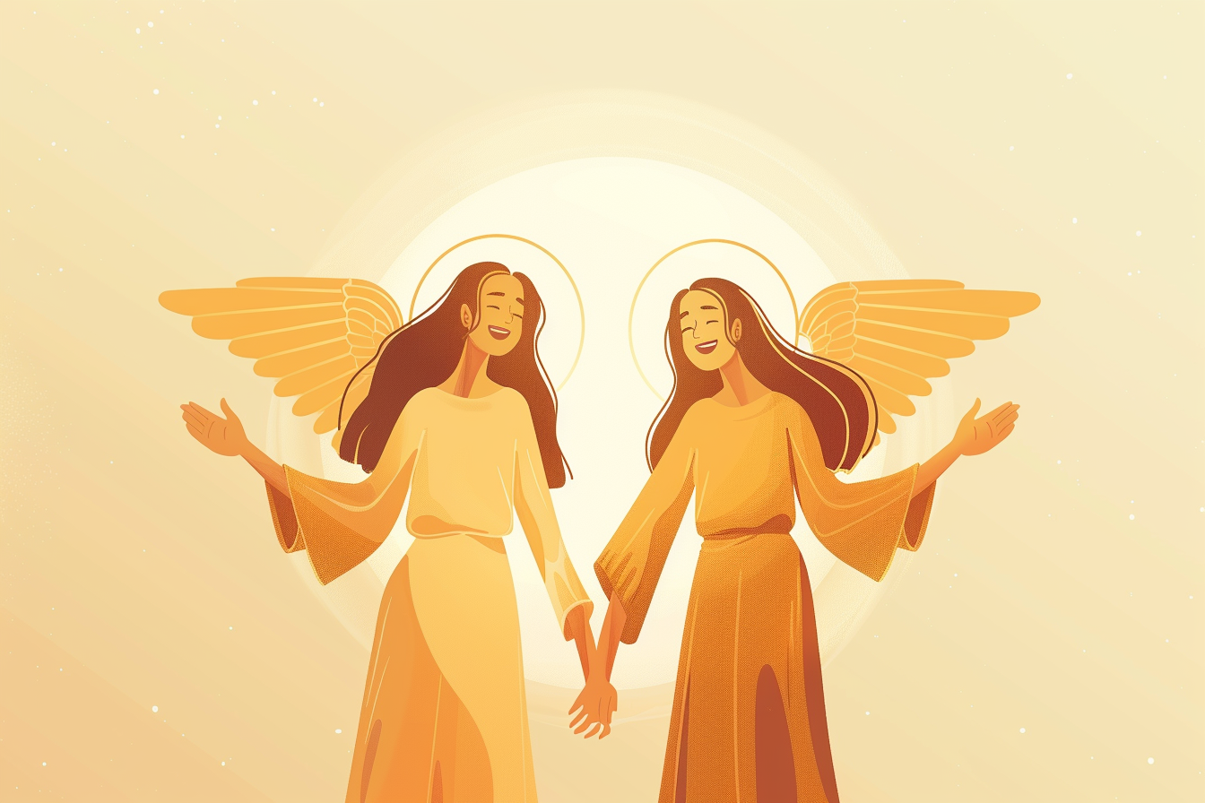 Two joyful biblical women standing side by side, holding hands and smiling, with soft golden halos.