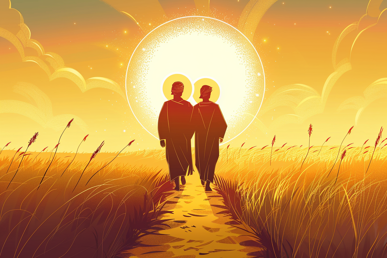Two brothers walk side by side through a golden field at sunset, with glowing halos and warm light symbolizing biblical brotherhood.