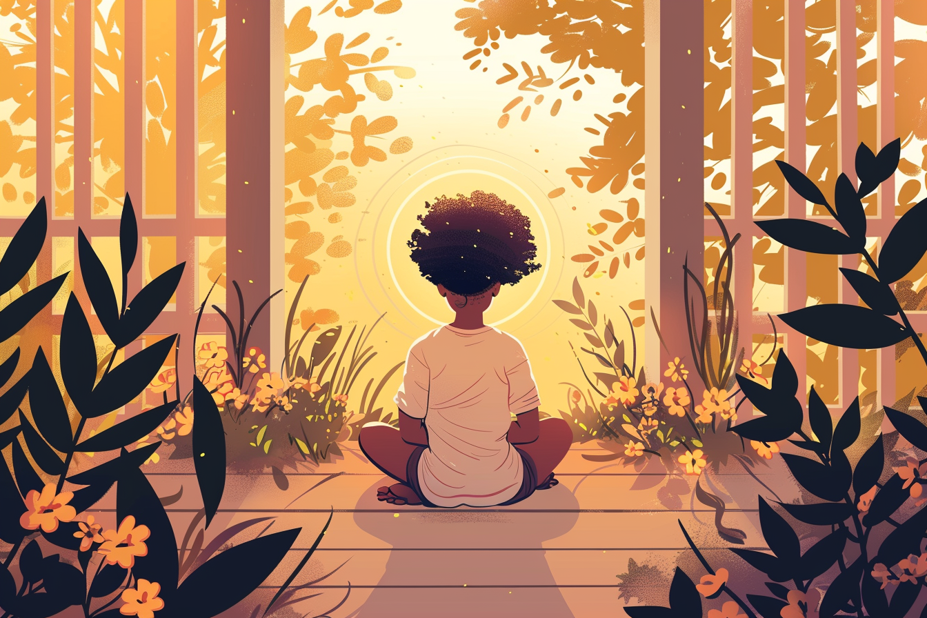 A person sits quietly in morning prayer on a porch surrounded by flowers, with golden sunlight streaming through the trees.