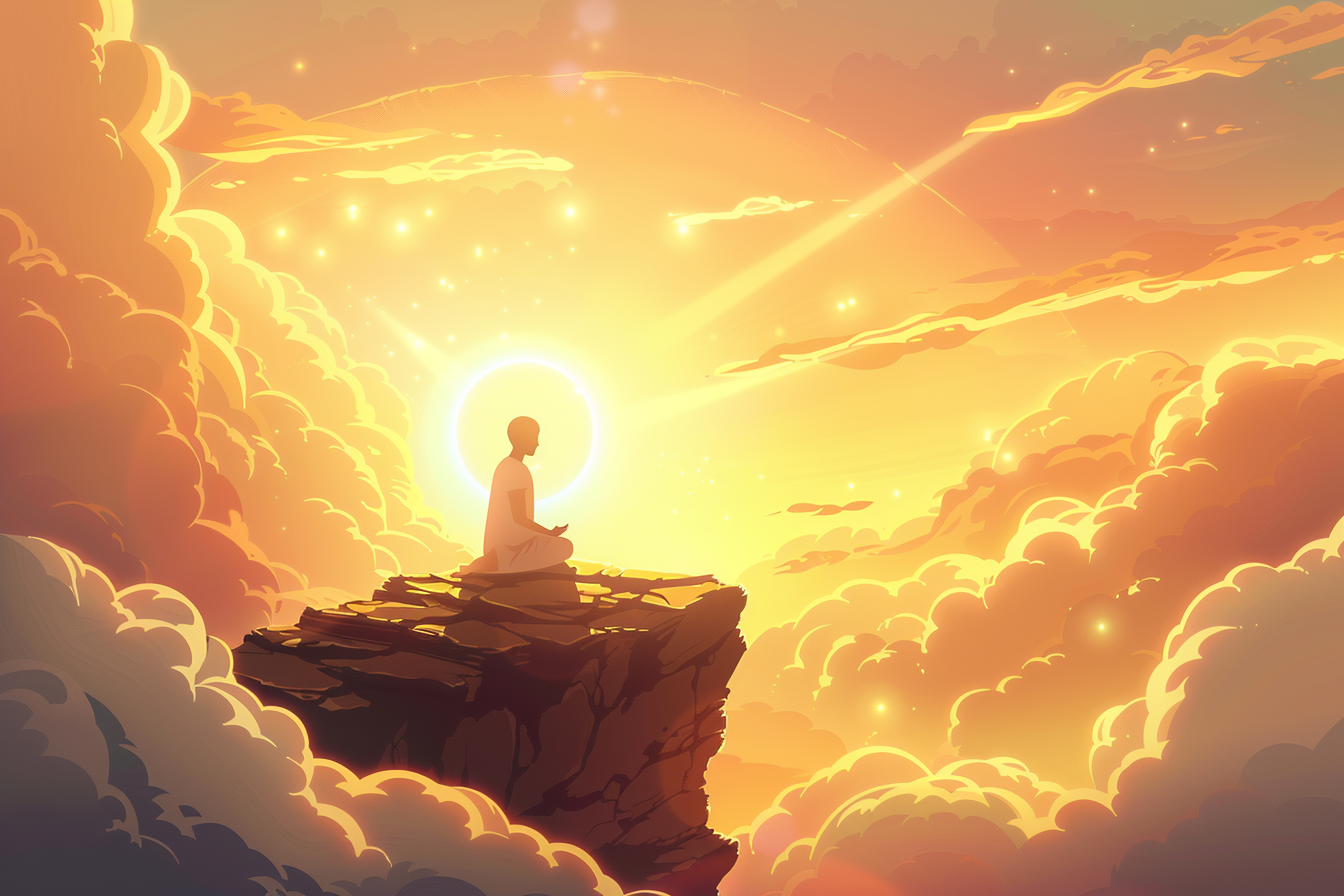 A glowing cartoon-style figure sits in prayer on a mountaintop surrounded by golden clouds and heavenly light, with a halo and rays of peace.