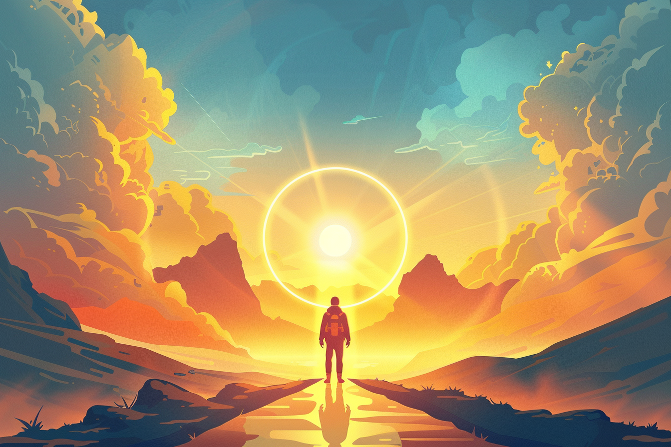 A cartoon-style traveler with a backpack walks along a glowing path through the mountains toward a radiant sun encircled in golden light.