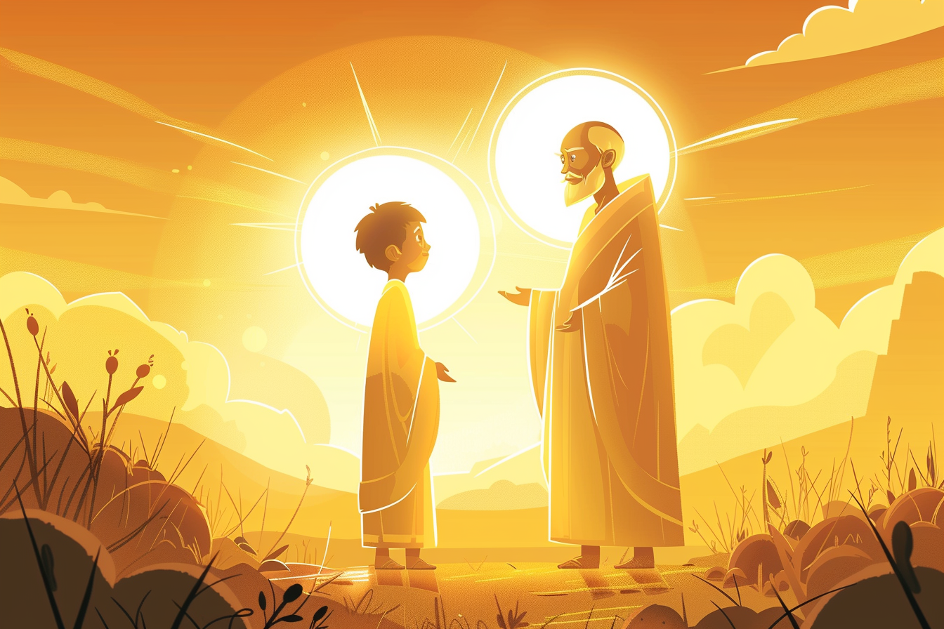 A young boy and an elderly man stand face-to-face in glowing robes under a radiant golden sky, both with halos as light passes between them.