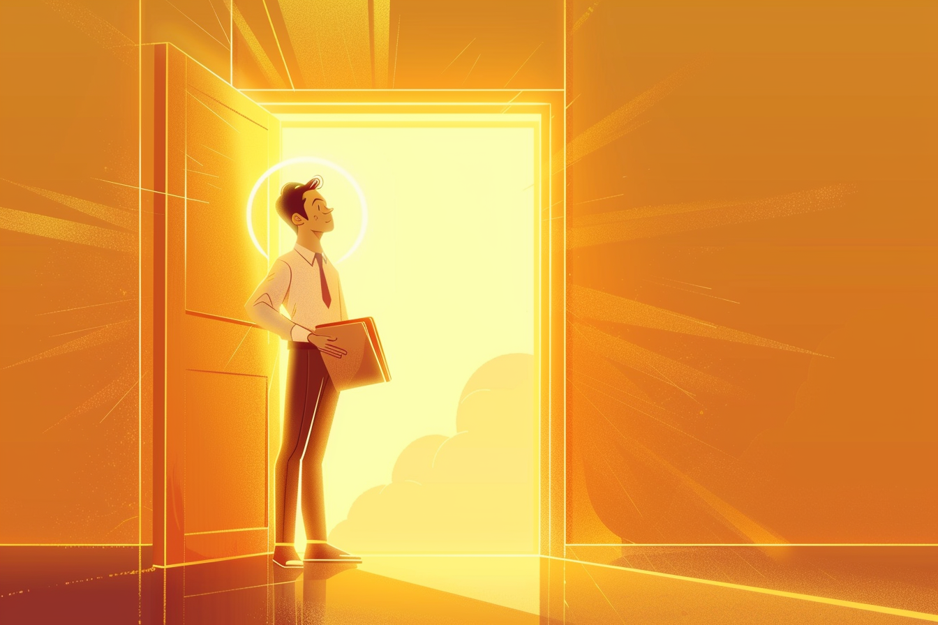 A cartoon-style young professional stands in front of a glowing open door, holding a folder, with a radiant halo and golden light surrounding him.