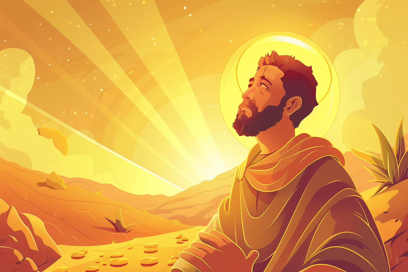 A cartoon-style figure stands in a glowing desert, looking up toward a radiant beam of golden light with a halo around his head, symbolizing divine revelation and humility.