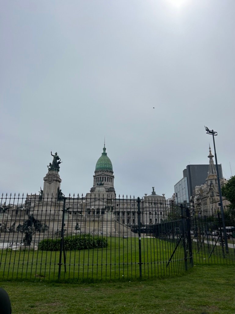 A grand neoclassical building with a green dome stands behind a black iron fence on a cloudy day.