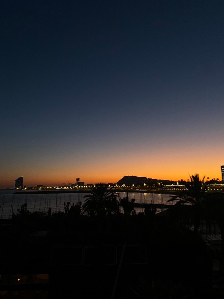 A peaceful coastal cityscape at dusk with a glowing orange horizon, silhouetted palm trees, and reflections on the calm water.