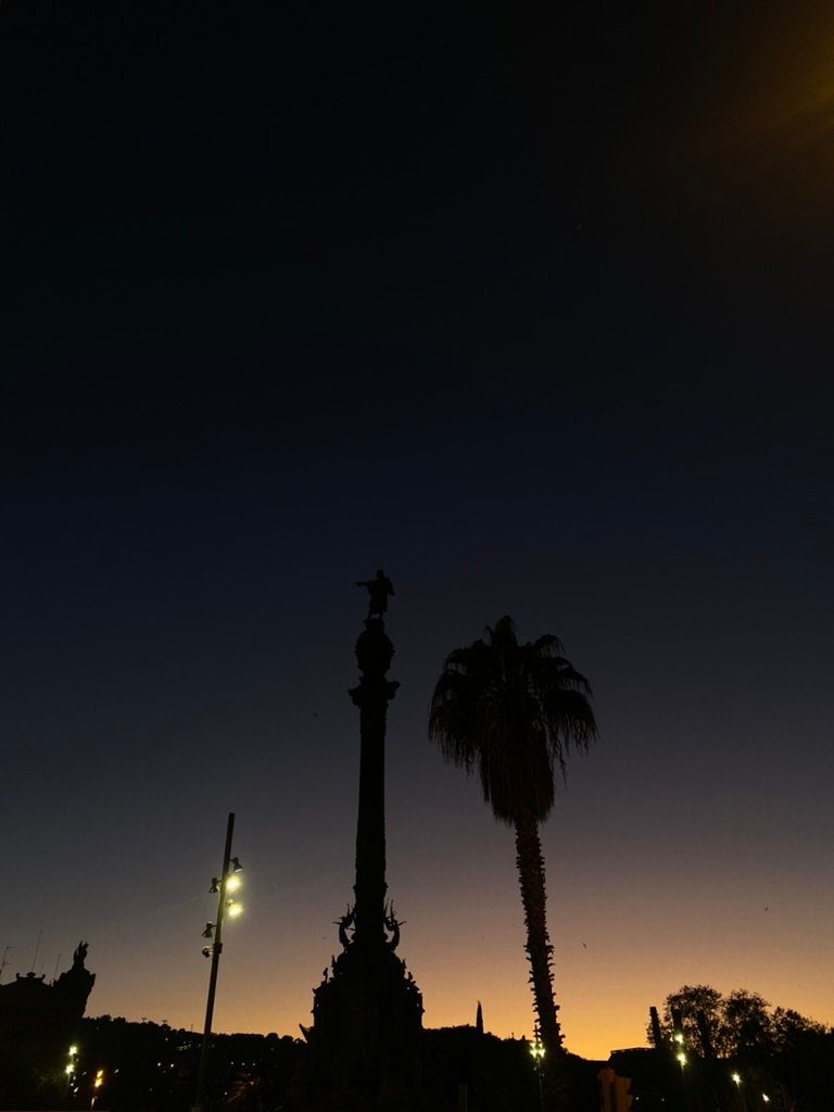 Silhouettes of a palm tree and monument at sunset, with the sky fading from deep blue to orange.