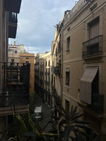 A narrow European street lined with aged apartment buildings, balconies, and a small delivery van in the distance under an overcast sky.