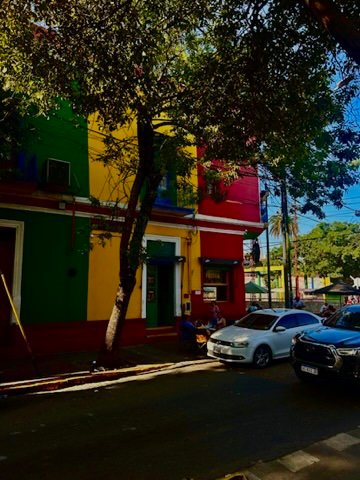 A vibrant street scene featuring a building painted in bold colors—green, yellow, blue, and red—partially shaded by trees, with parked cars and a few people sitting nearby