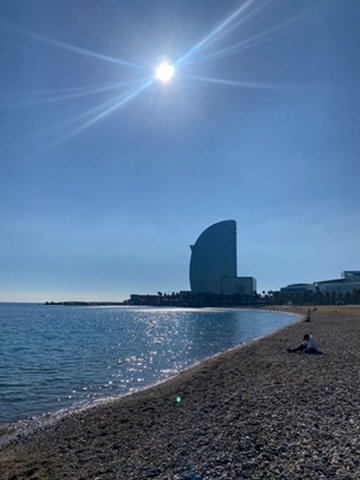 Bright sun shining over a calm beach with a curved modern building in the background and a person sitting alone on the pebbled shore.