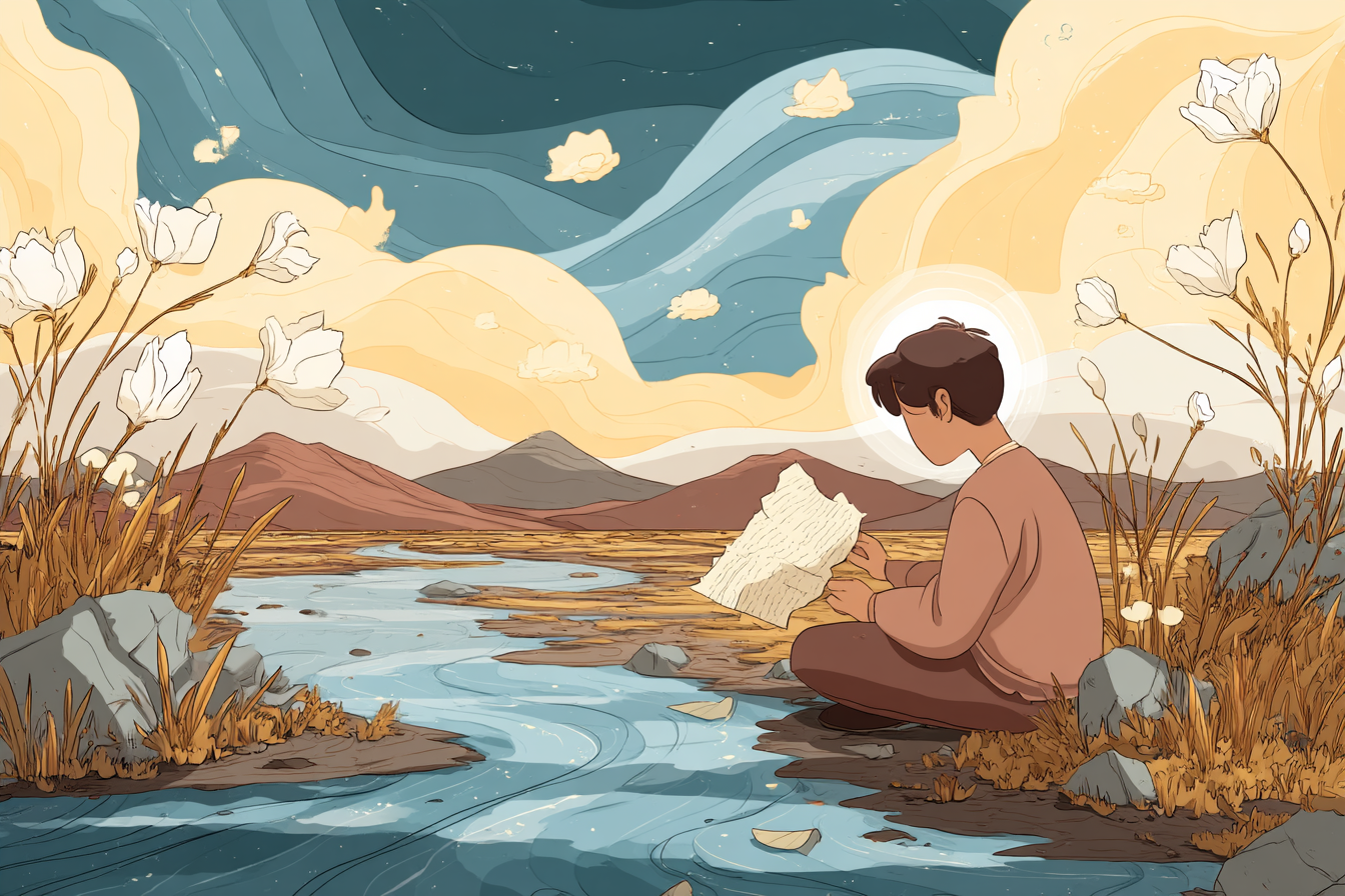 A glowing cartoon-style illustration of a person sitting beside a quiet stream, holding a torn scroll under golden sky light, with wilted flowers and new buds nearby.