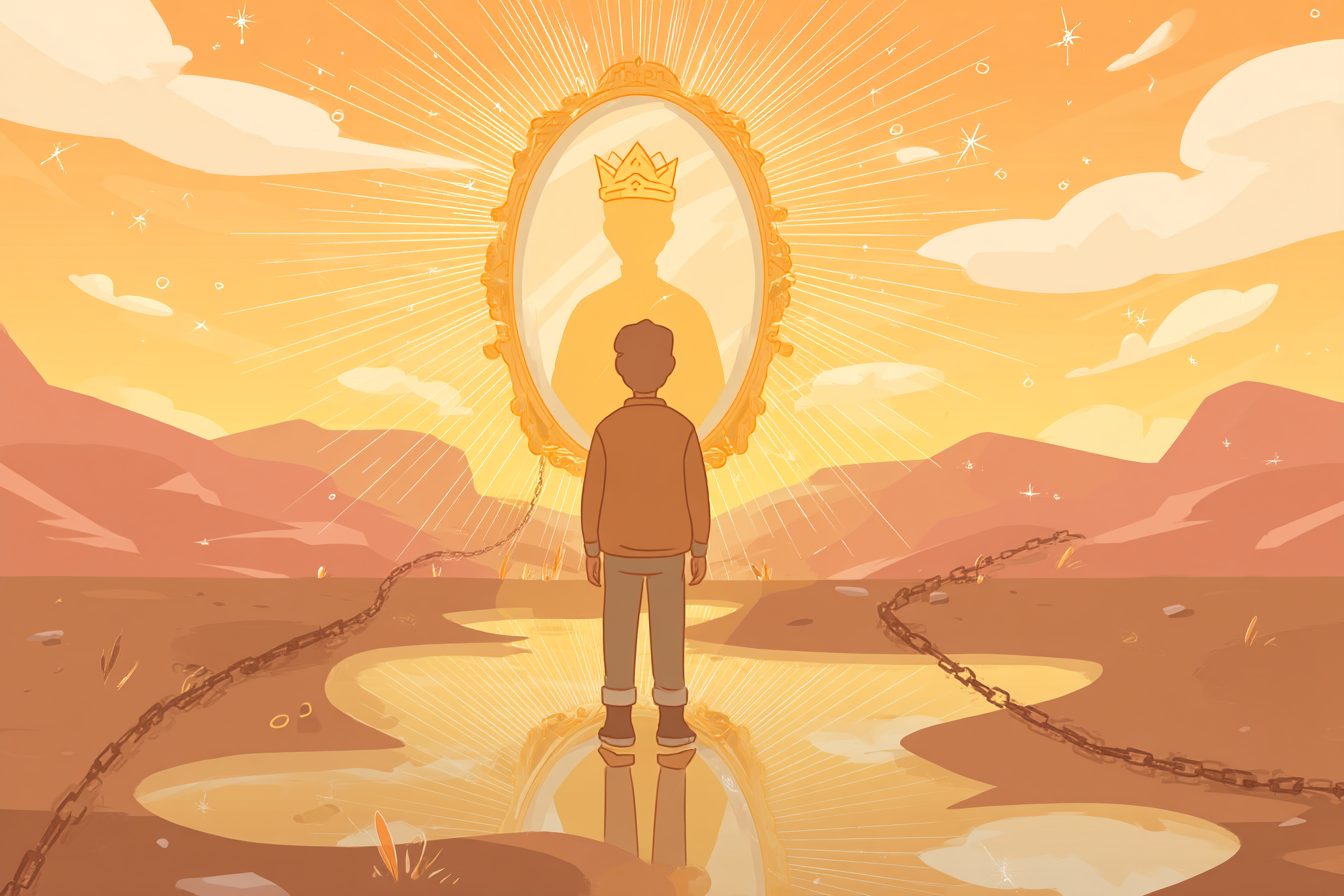 A glowing cartoon-style illustration of a person standing before a radiant mirror that reflects them crowned in light, with broken chains on the ground and golden rays shining all around.