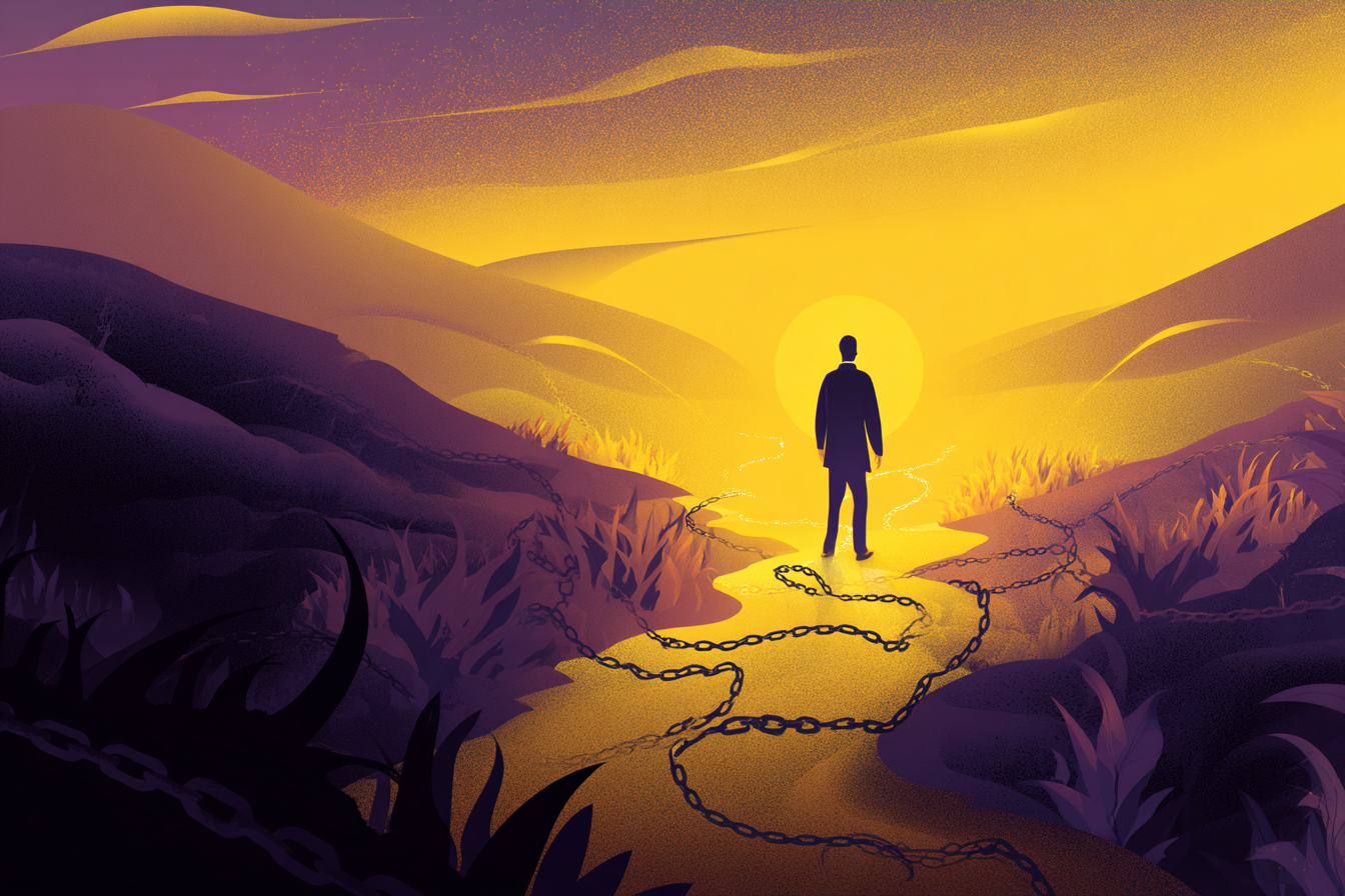 A glowing cartoon-style illustration of a person standing at the edge of a dark valley with broken chains at their feet and dark vines falling away, a soft halo around their head, and golden light shining from behind.