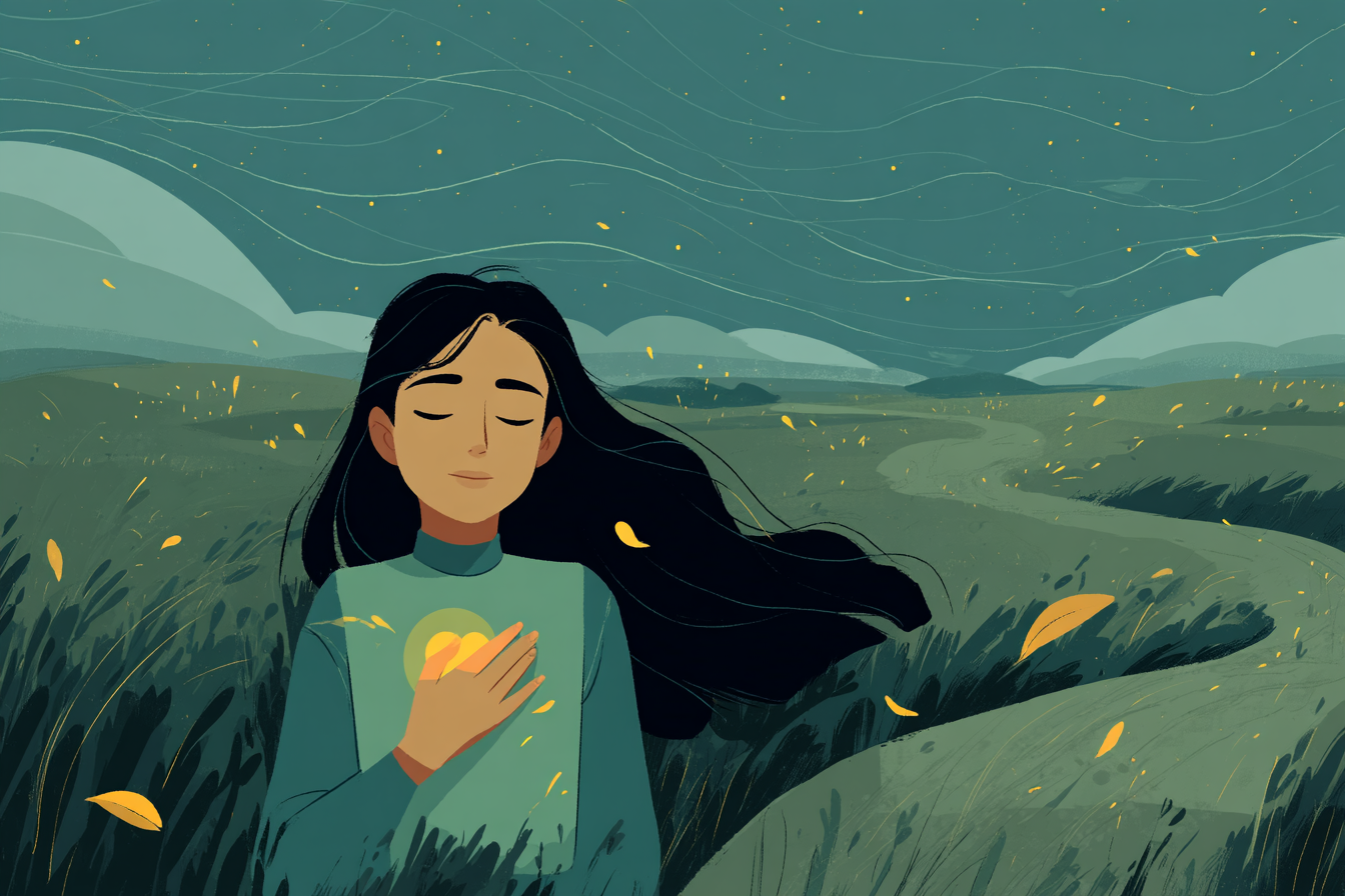 A glowing cartoon-style illustration of a person lying peacefully in a meadow at dusk, with a soft light radiating from their heart, under a calm sky where stars are just beginning to appear.
