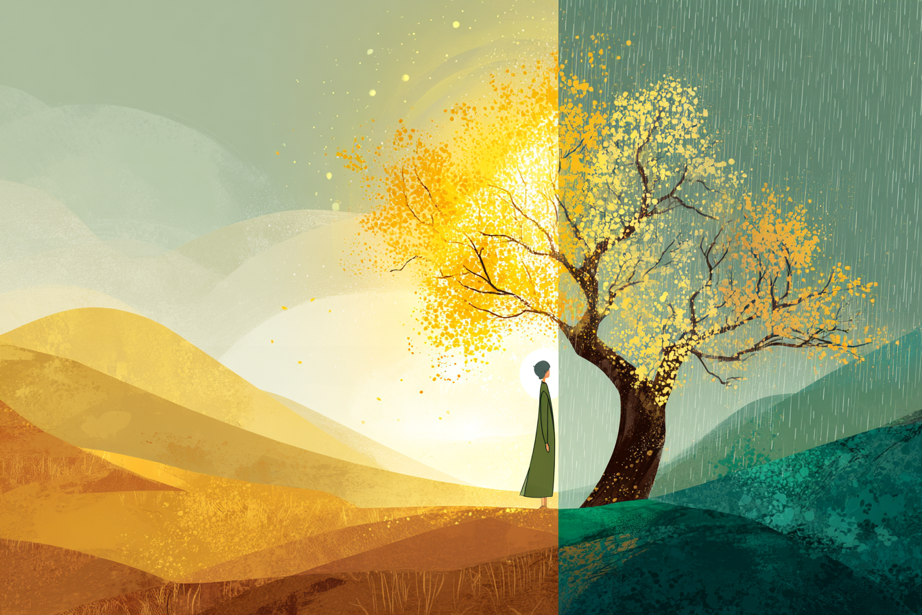A glowing cartoon-style illustration of a person standing beside a half-withered, half-blooming tree, as golden light and gentle rain restore the landscape around them.