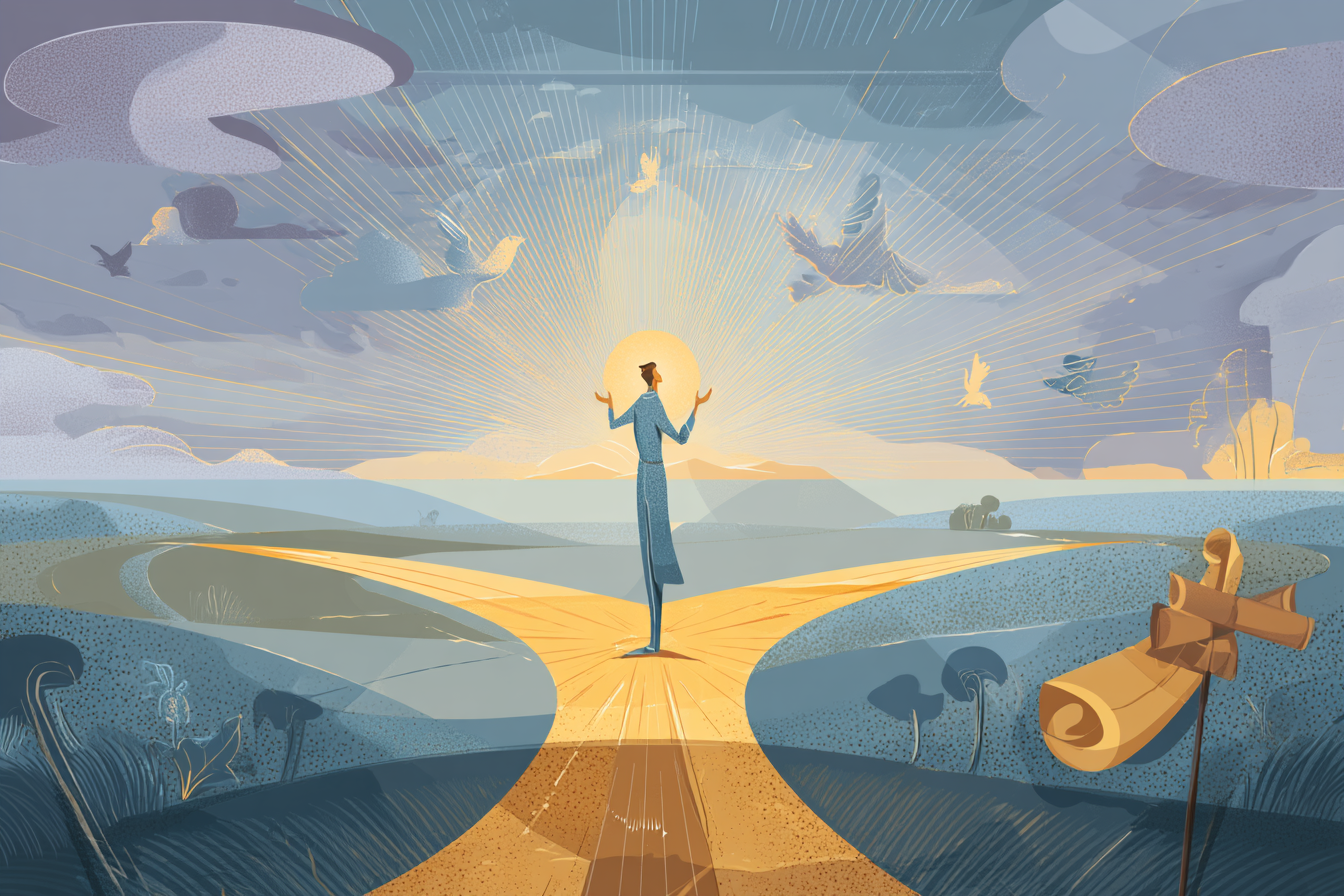 A glowing cartoon-style illustration of a person praying at a radiant crossroads, with golden light illuminating both paths, doves flying above, and symbols of guidance like a scroll and compass nearby.