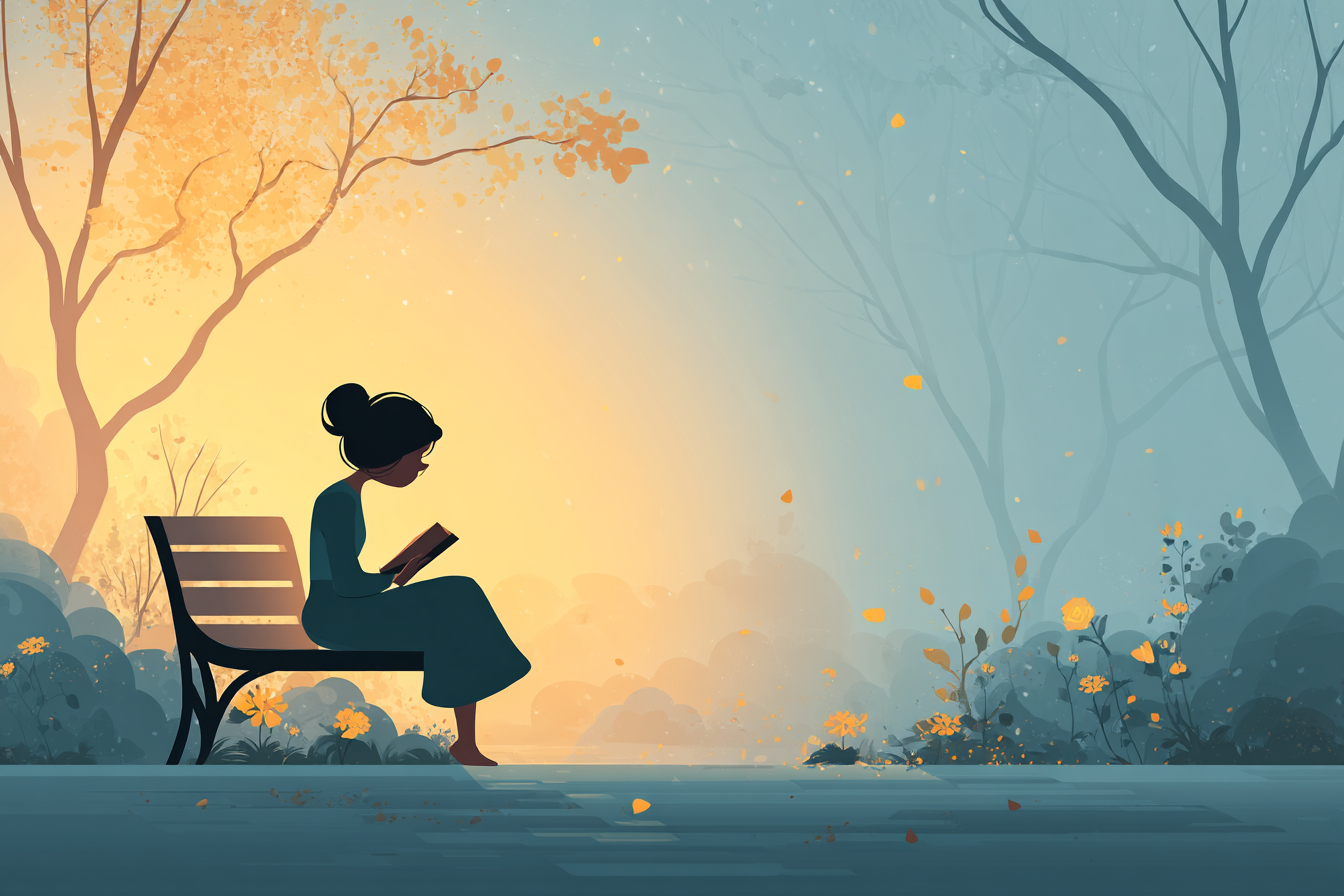 A glowing cartoon-style illustration of a person sitting quietly on a bench at sunrise, holding a letter to their chest, with a soft halo around their head and golden light breaking through morning mist.