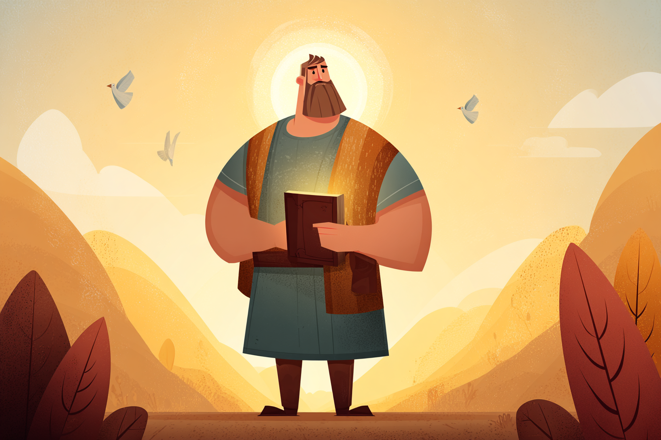 A glowing cartoon-style illustration of a strong, humble man standing with a radiant Bible in hand, bathed in golden light, with a halo above his head and doves soaring in a mountain sunrise.