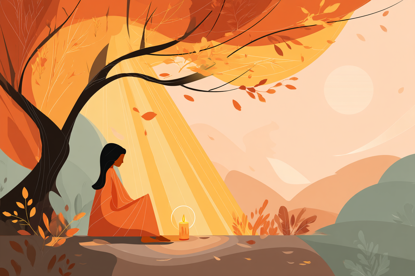 A glowing cartoon-style illustration of a weary person sitting under a tree at sunset, with a small candle flickering beside them and golden light streaming softly through the branches.