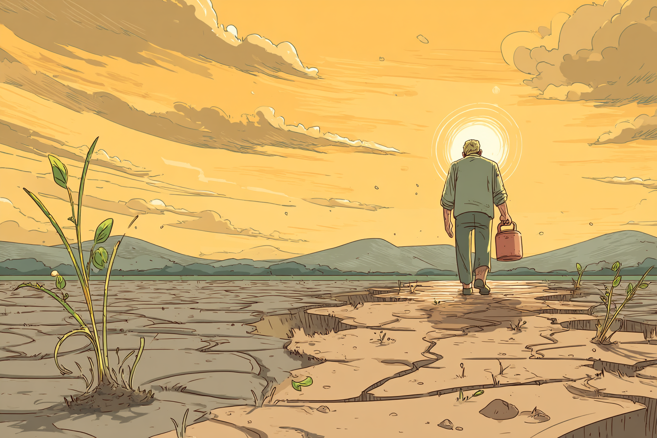 A glowing cartoon-style illustration of a weary person walking through a dry desert with an empty canteen, a soft halo around their head, and golden light breaking through the sky as small green sprouts emerge from the ground.