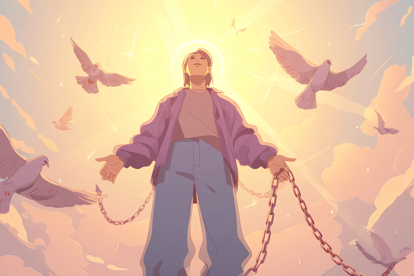 A soft illustration of a believer with a halo, arms outstretched as doves fly into a golden pastel sky with broken chains at their feet.