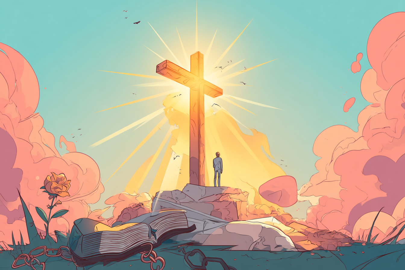 A cartoon illustration of a person with a halo standing at the foot of a glowing cross with sunrise light, broken chains, a blooming flower, and an open Bible nearby.