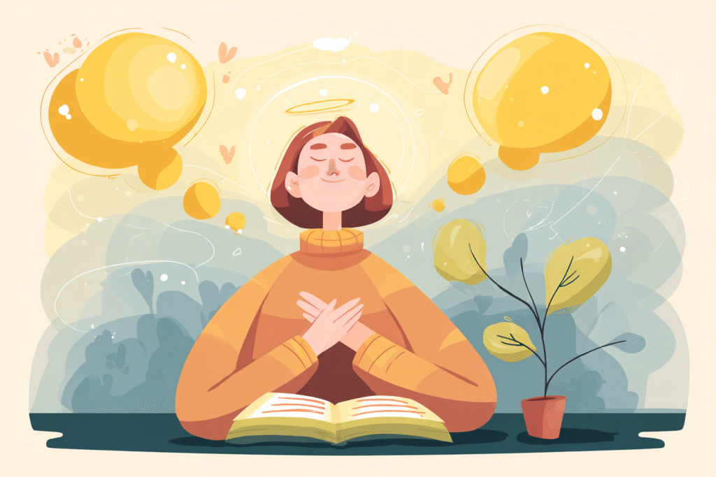 A cartoon illustration of a person with a halo sitting quietly with eyes closed, warm golden light around them, dissolving thought bubbles above, an open Bible and small sprout nearby.