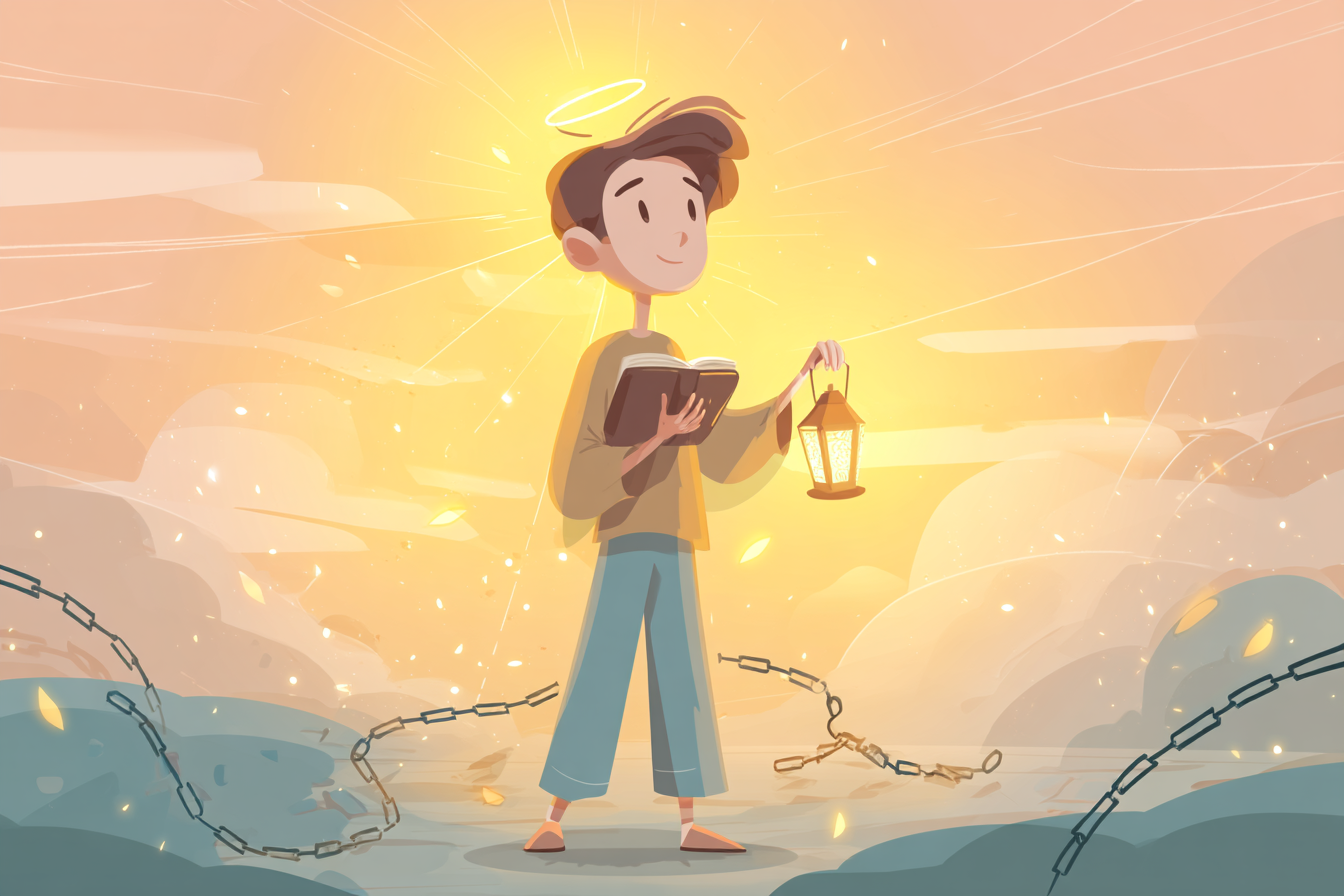 A cartoon illustration of a person with a halo holding a glowing lantern, walking on a sunrise path with broken chains falling from their wrists, holding an open Bible close.