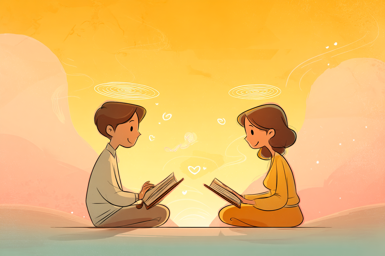 A cartoon illustration of two people with halos sitting across from each other with open Bibles, speaking gently under a golden sunrise with small heart symbols between them.