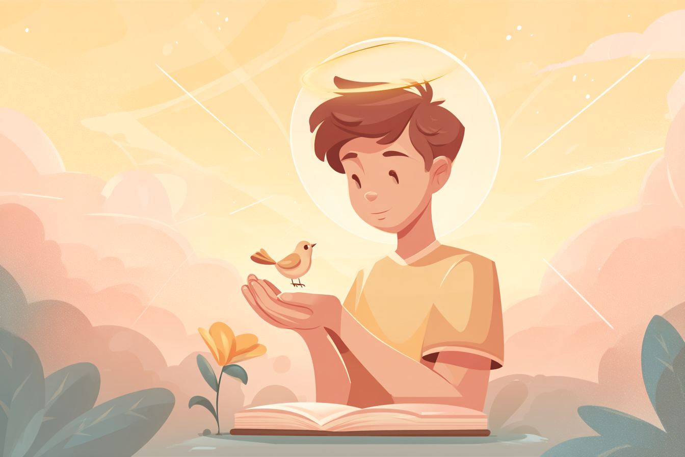 A cartoon illustration of a person with a halo gently holding a small bird, warm sunrise light around them, an open Bible and a blooming flower nearby.
