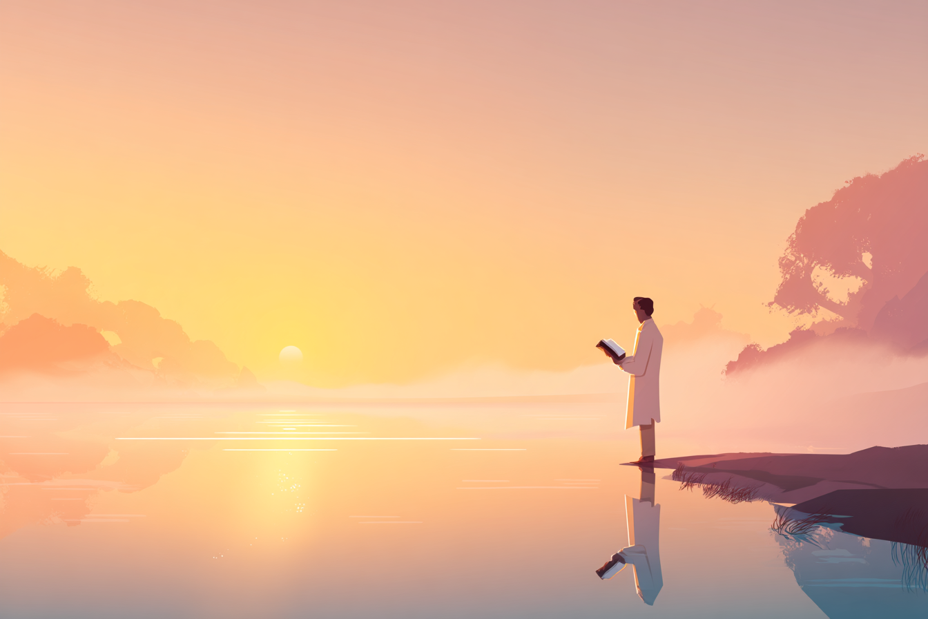 A cartoon illustration of a person with a halo holding a Bible, standing by a calm sunrise lake with a clear light path across the water.