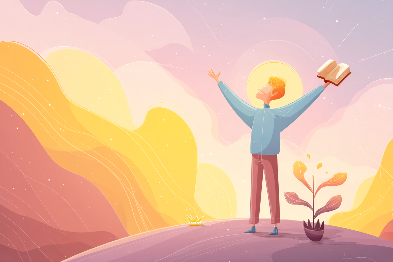 A cartoon illustration of a person with a halo standing on a sunrise hilltop with arms lifted in gratitude, holding an open Bible, with a crown and sprouting plant nearby.