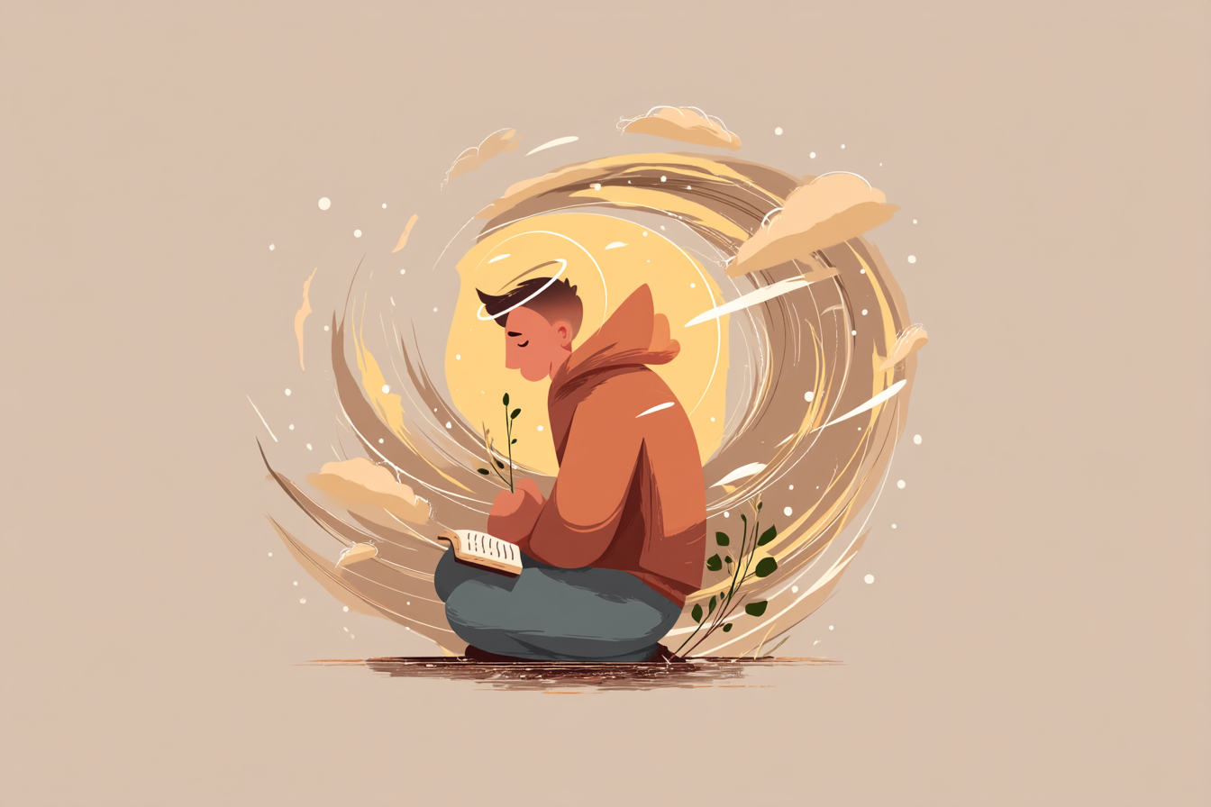 A cartoon illustration of a person with a halo sitting calmly in prayer with golden light, stormy winds swirling around, an open Bible on their lap, and a small sprout nearby.
