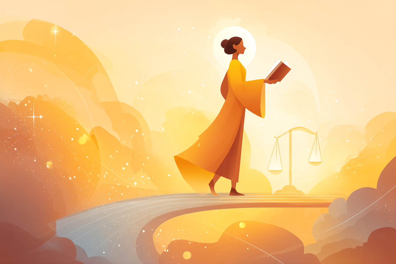 A cartoon illustration of a person with a halo holding a Bible, helping another person up on a sunrise path with a glowing balanced scale in the background.