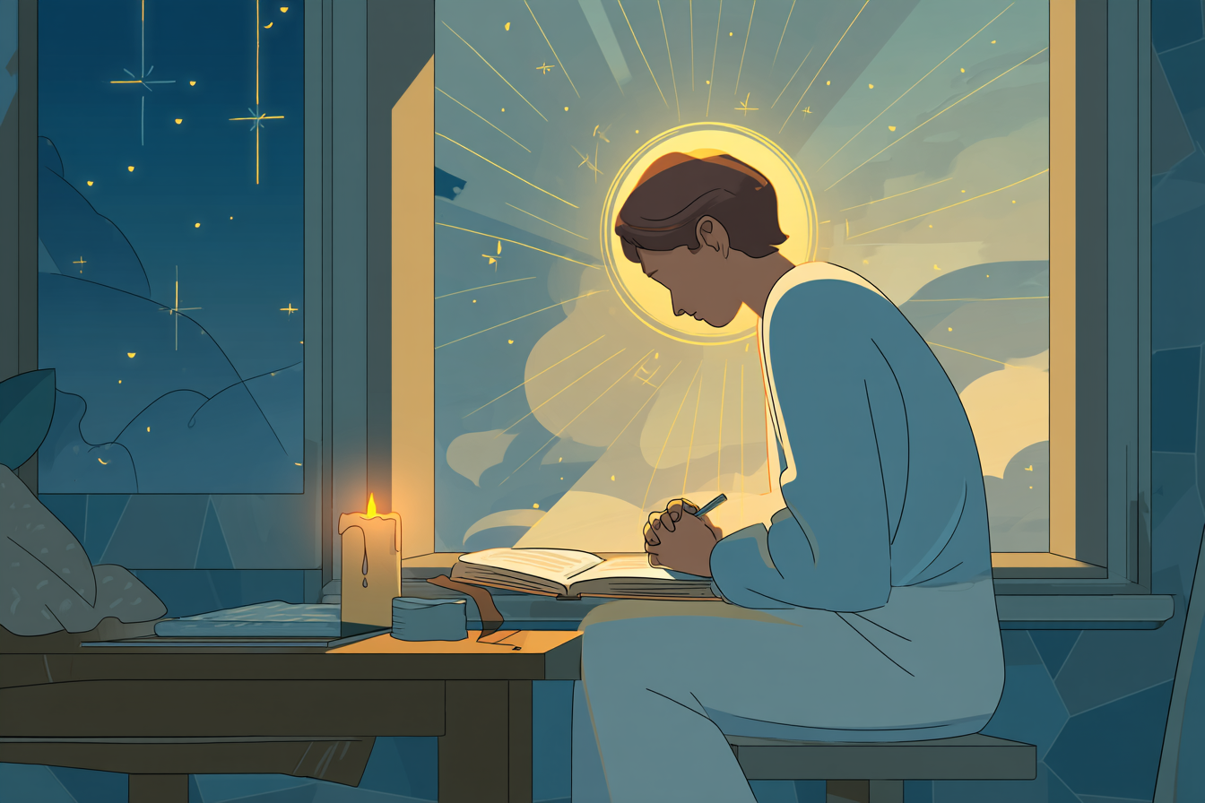 A peaceful cartoon illustration of a person with a halo journaling in prayer by a window at night, with a glowing candle, an open Bible, and stars outside.