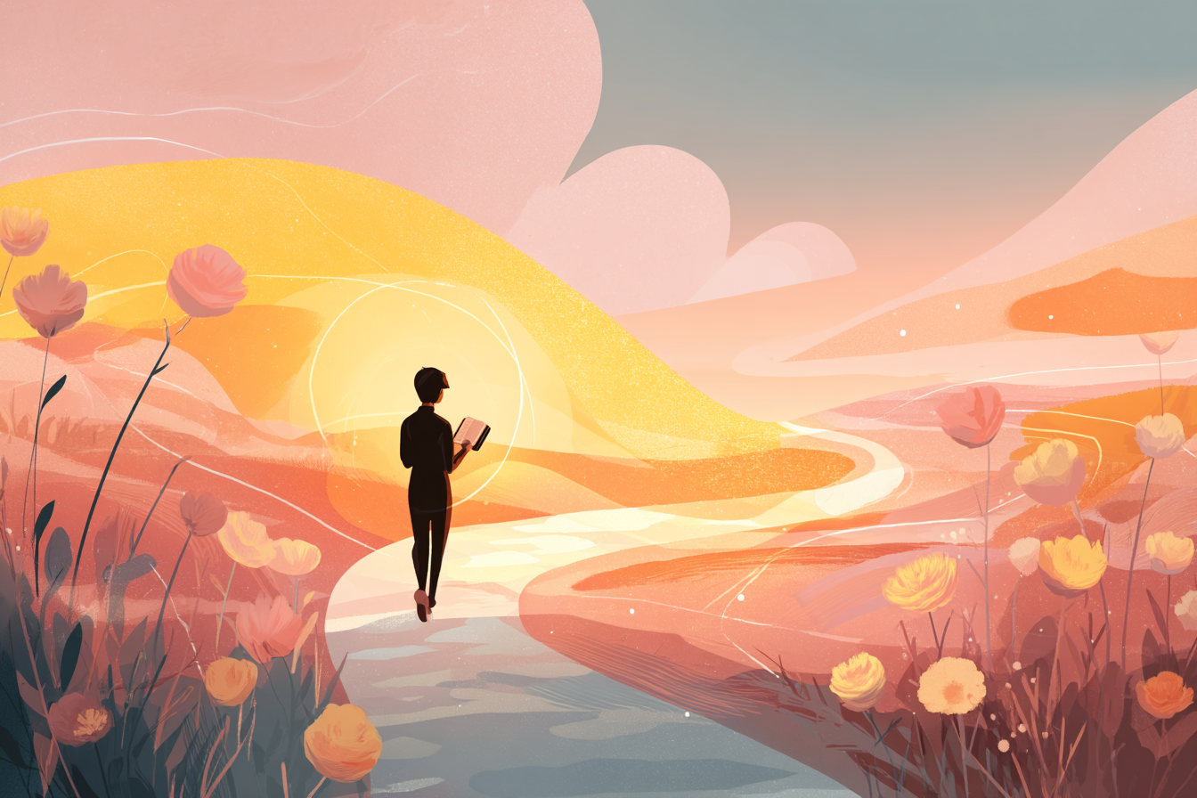 A cartoon illustration of a person with a halo walking confidently on a sunrise path lined with flowers, holding an open Bible, with blurred paths in the background.
