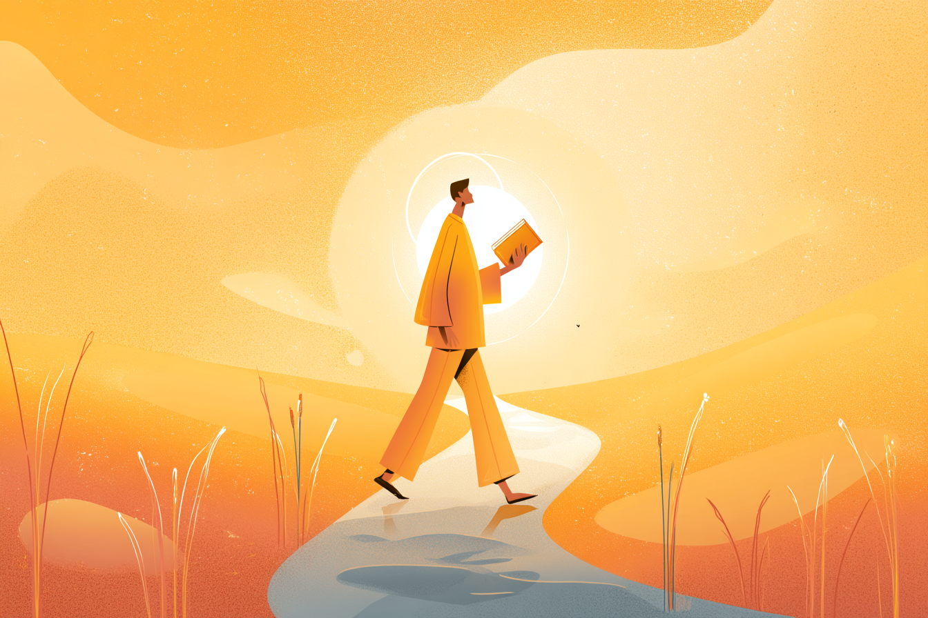 A cartoon illustration of a person with a halo walking on a sunrise path leaving glowing footprints, holding an open Bible, with small sprouting plants along the path.