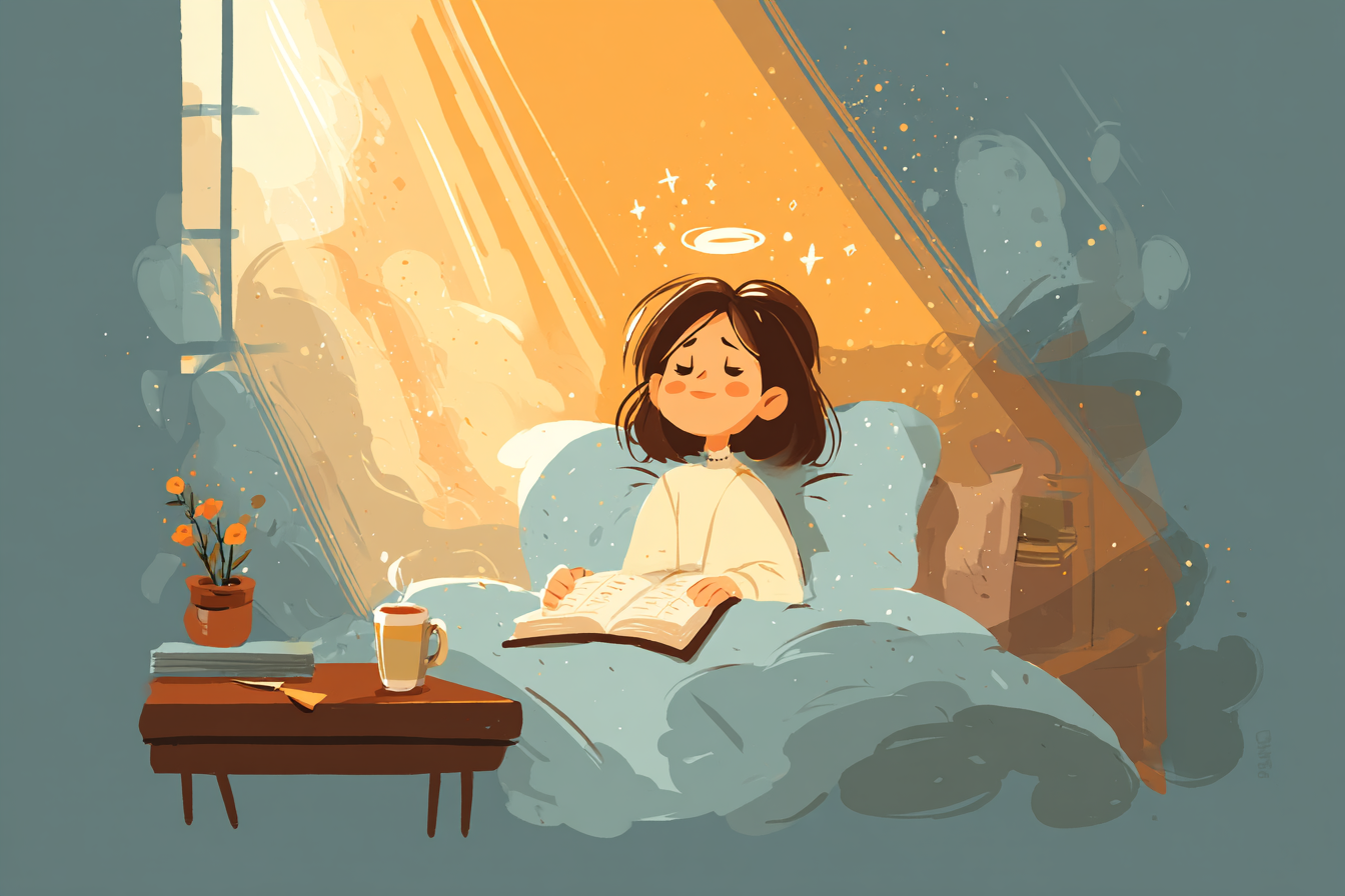 A peaceful cartoon illustration of a person with a halo resting in bed with golden light shining through a window, an open Bible and a blooming flower nearby.