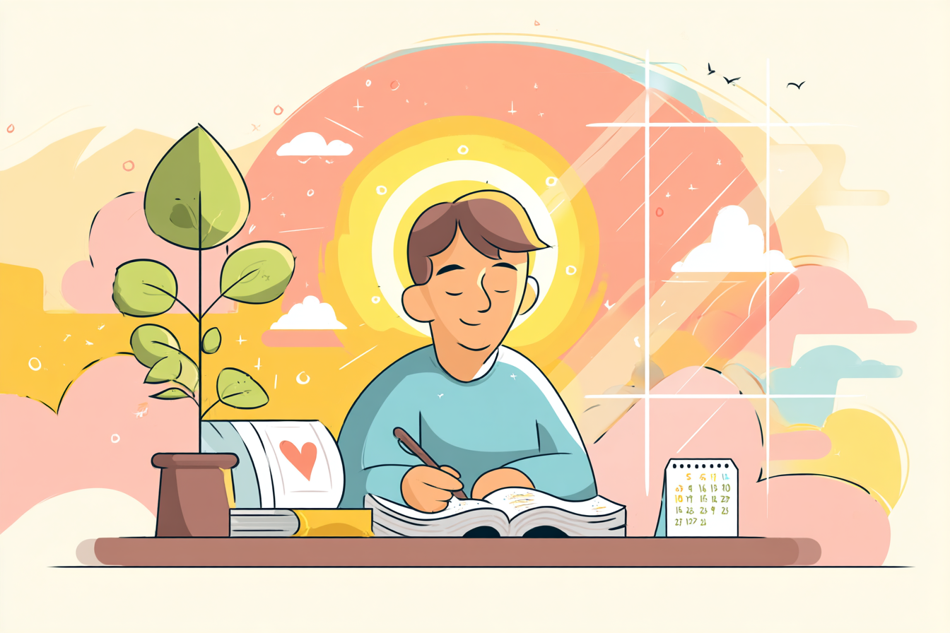 A cartoon illustration of a person with a halo journaling at a table with golden sunrise light, an open Bible, a sprouting plant, and a calendar with a heart symbol nearby.