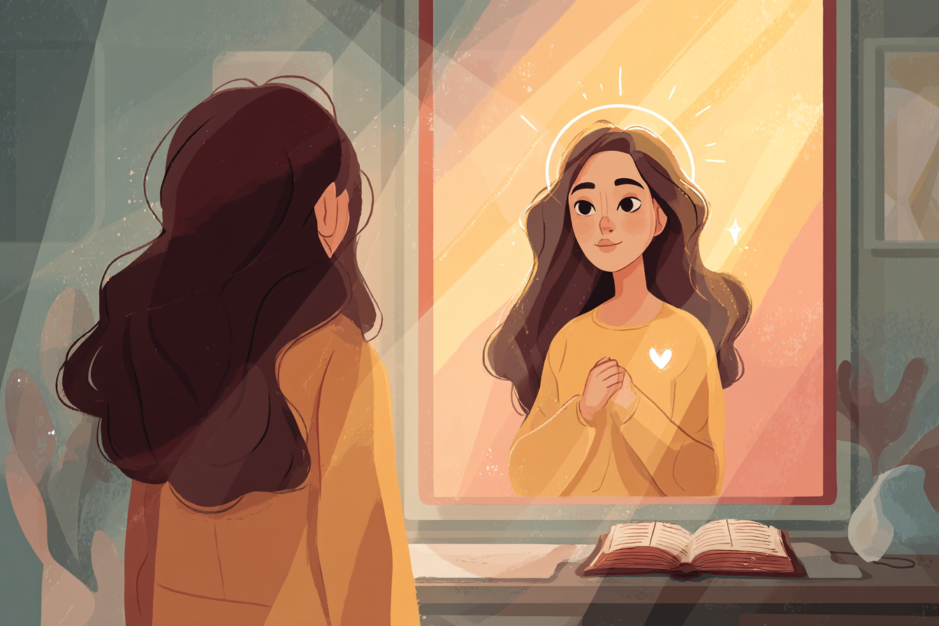 A cartoon illustration of a person with a halo standing in front of a mirror seeing their reflection glowing with a heart, warm sunrise light, and an open Bible nearby.