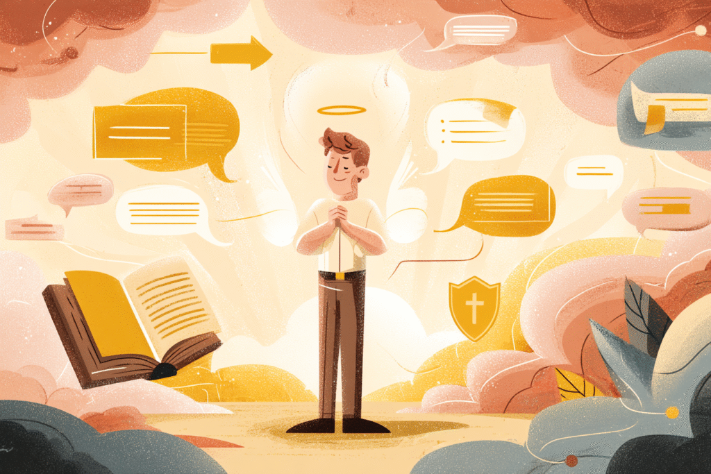 A cartoon illustration of a person with a halo praying calmly while fading speech bubbles and arrows surround them, with a Bible and small shield nearby.