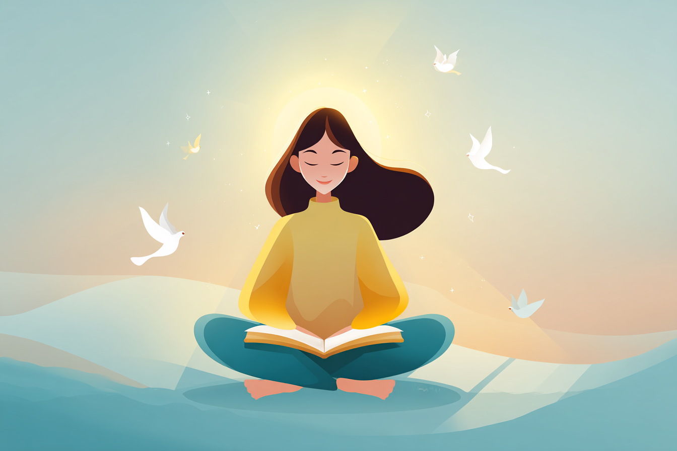 A cartoon illustration of a person with a halo sitting in prayer with an open Bible, warm golden light, gentle doves, and soft water in the background.