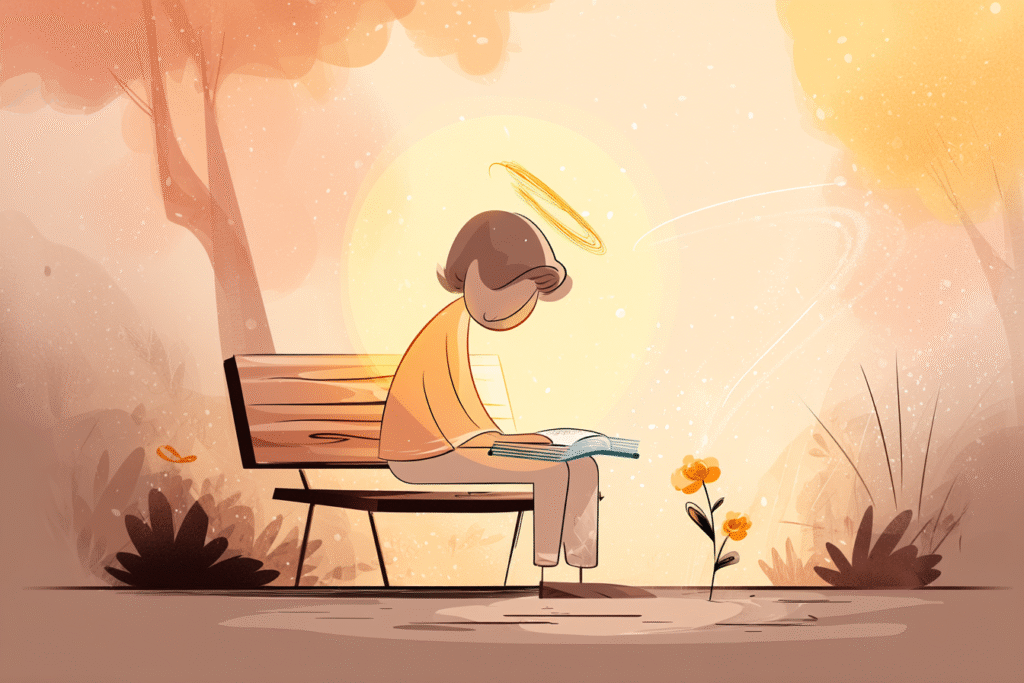 A cartoon illustration of a person with a halo sitting on a bench with head bowed, warm golden light shining, an open Bible and a blooming flower nearby.