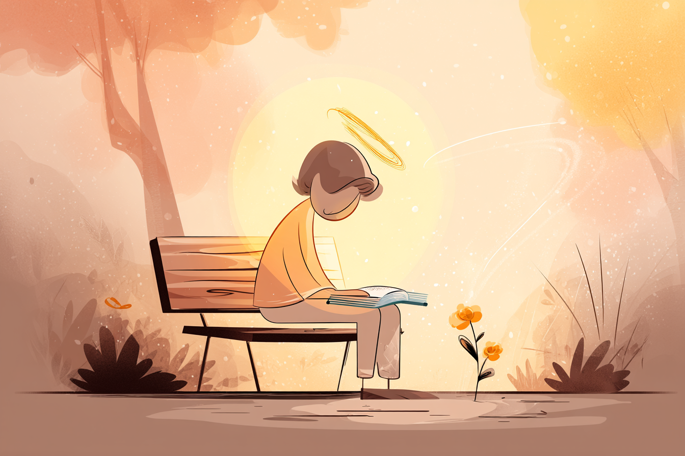 A cartoon illustration of a person with a halo sitting on a bench with head bowed, warm golden light shining, an open Bible and a blooming flower nearby.